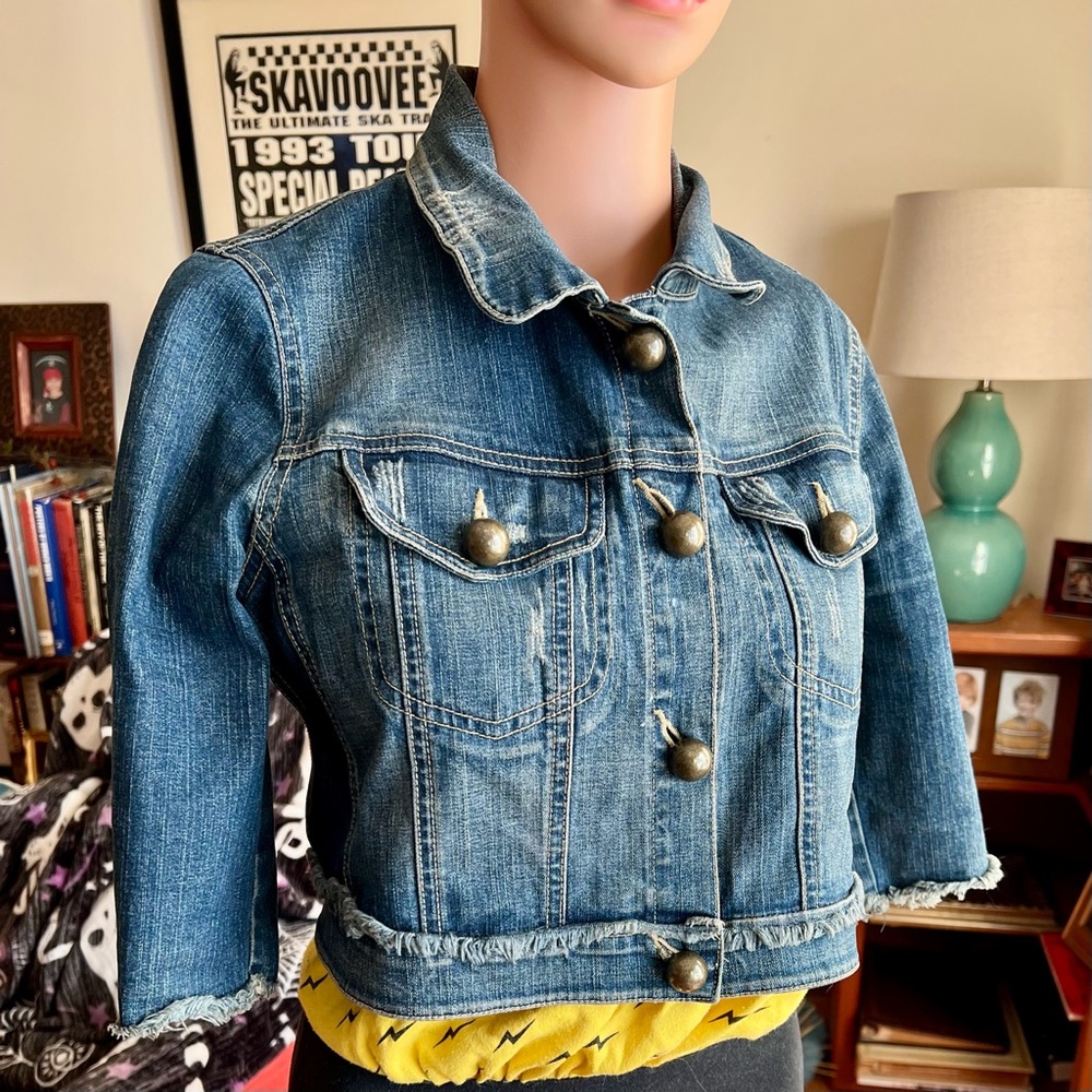 Ya-Ya Y2K Cropped Denim Jacket with Cut Out Back